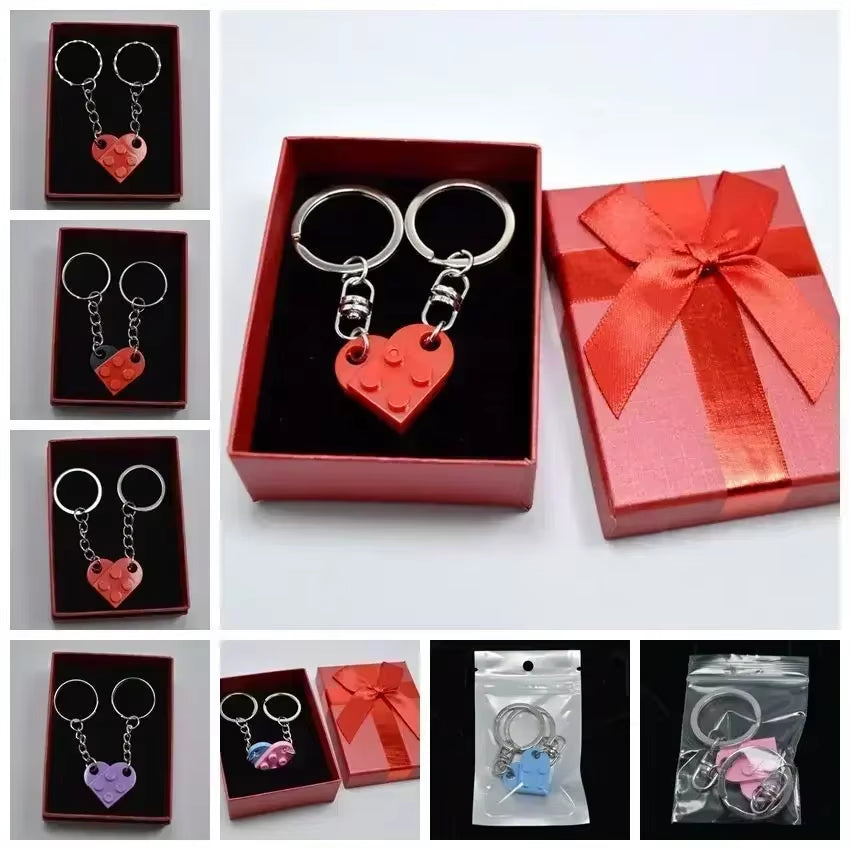 2Pair Cute Love Heart Building Block Keychains for Couples Women Men Friendship Separable Love Heart Brick Key Ring Jewelry Gift