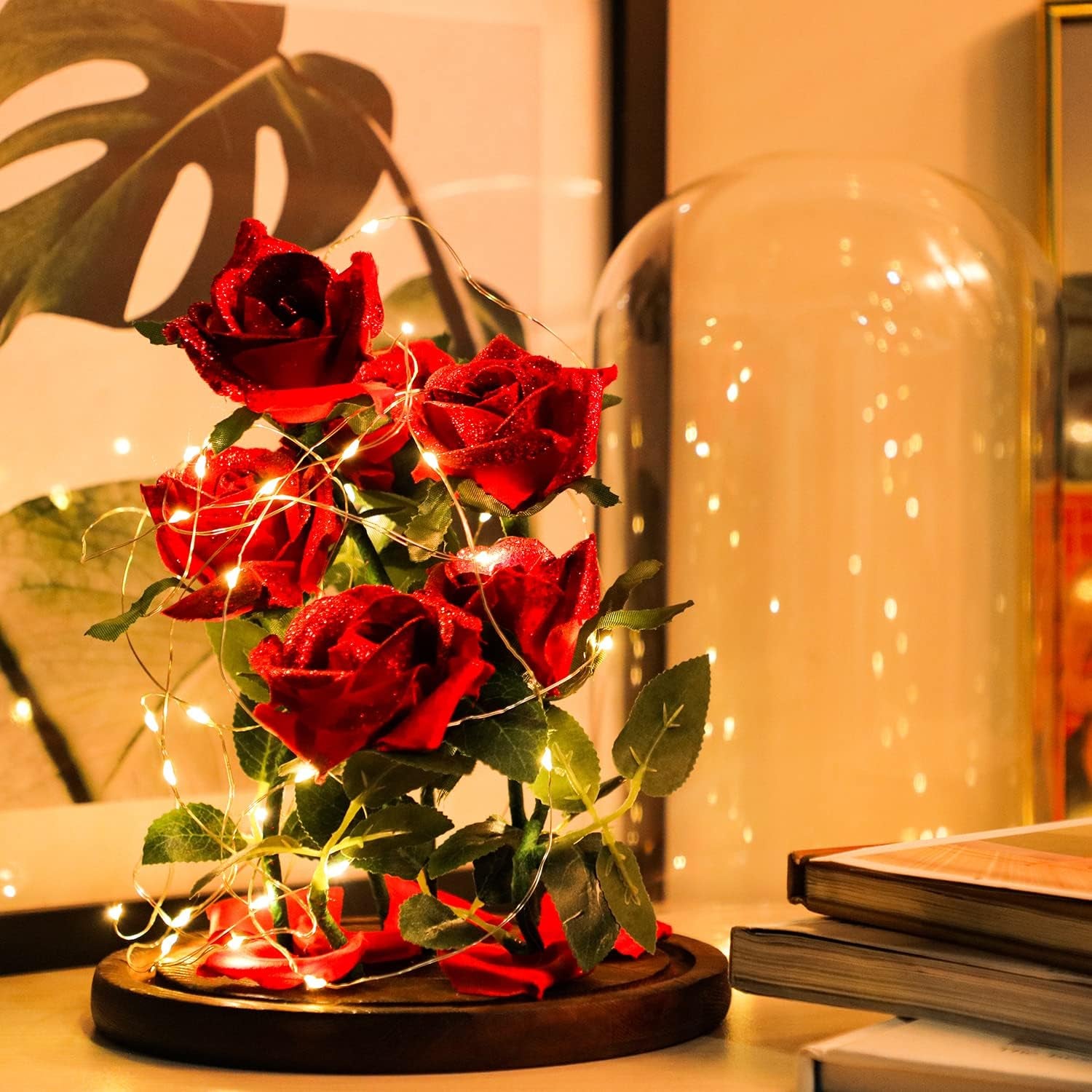 Valentine'S Day Décor Rose Gift for Women Beauty and the Beast Flowers,6 Red Artificial Roses with 40 Led Lights in a 11" Glass Dome Unique Gift for Her Wedding Anniversary Mother‘S Day