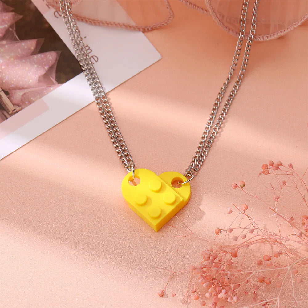 2Pcs Heart Brick Couples Love Necklace for Lovers Women Men Lego Elements Friends Necklaces Valentines Gift Jewelry