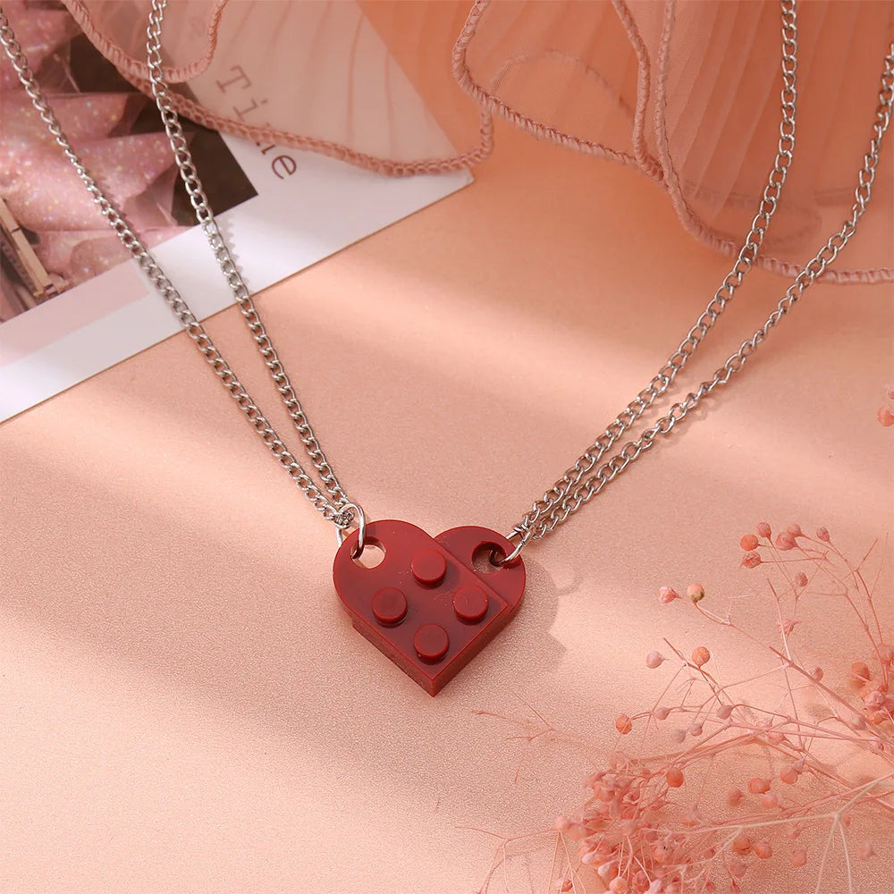 2Pcs Heart Brick Couples Love Necklace for Lovers Women Men Lego Elements Friends Necklaces Valentines Gift Jewelry