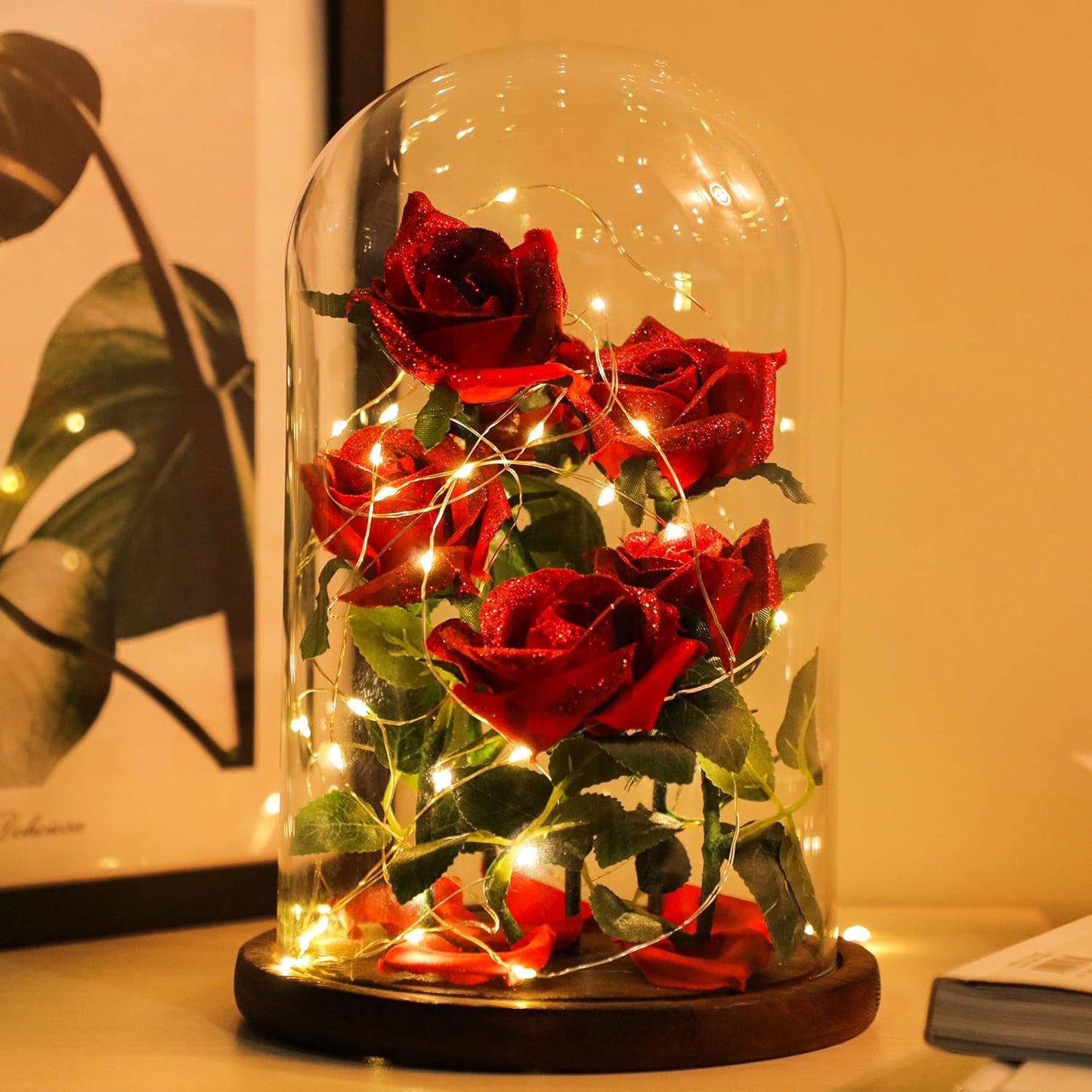 Valentine'S Day Décor Rose Gift for Women Beauty and the Beast Flowers,6 Red Artificial Roses with 40 Led Lights in a 11" Glass Dome Unique Gift for Her Wedding Anniversary Mother‘S Day