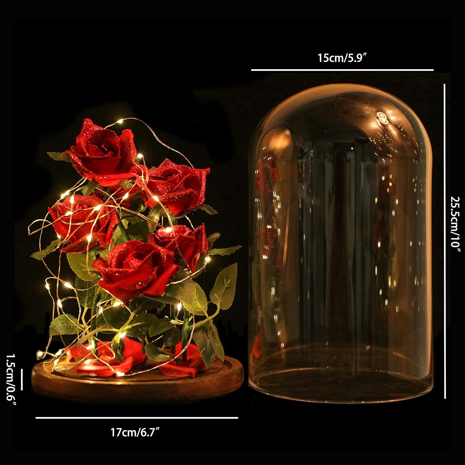 Valentine'S Day Décor Rose Gift for Women Beauty and the Beast Flowers,6 Red Artificial Roses with 40 Led Lights in a 11" Glass Dome Unique Gift for Her Wedding Anniversary Mother‘S Day