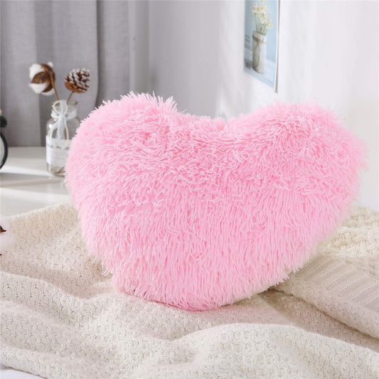 Pink Fluffy Heart Pillow Gift for Girls Kids, Shaggy Plush Faux Fur and Sherpa, Cute Soft Throw Cushion Valentines Day Decor for Mothers Day, Christmas Decorations,Love Heart Shaped Throw Pillow