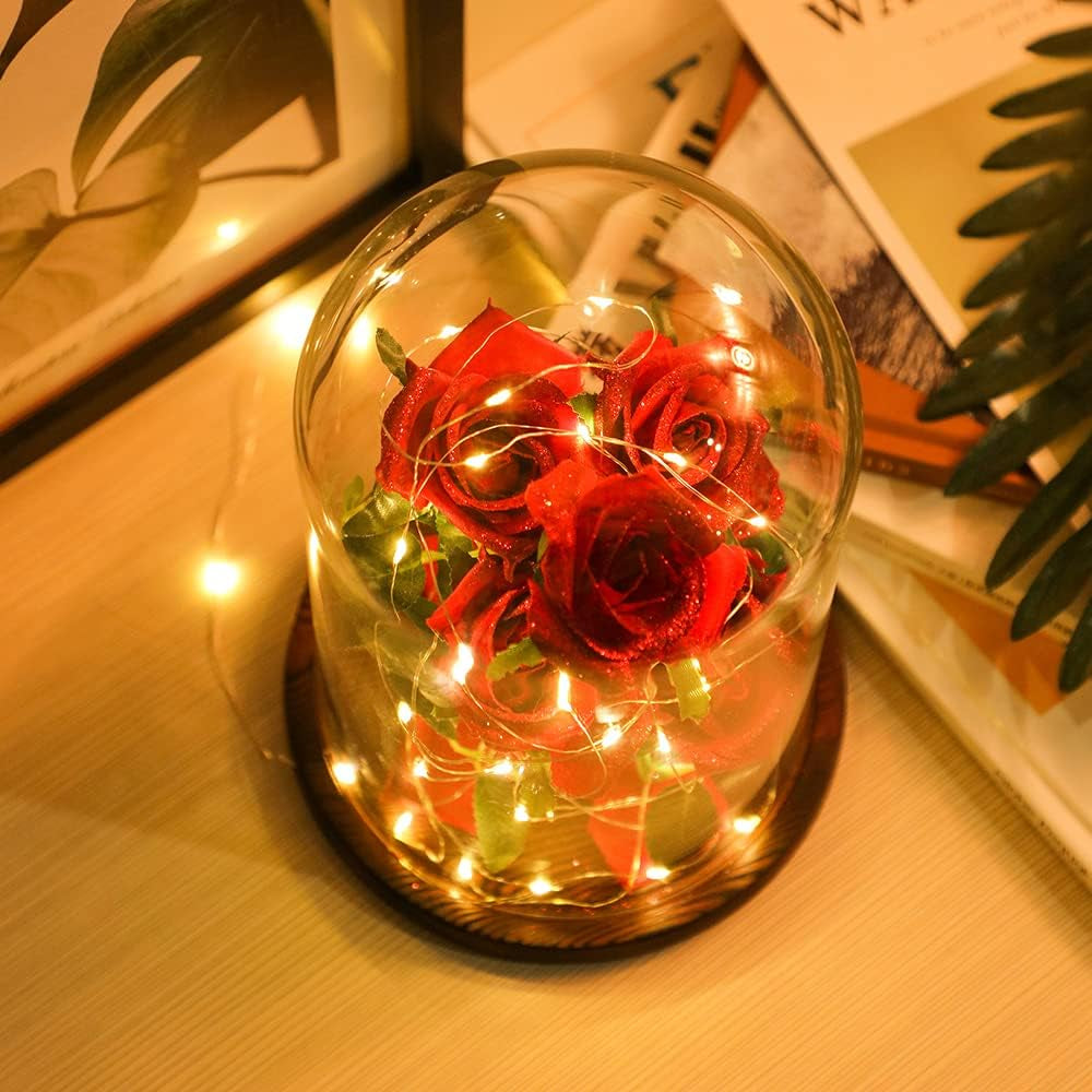 Valentine'S Day Décor Rose Gift for Women Beauty and the Beast Flowers,6 Red Artificial Roses with 40 Led Lights in a 11" Glass Dome Unique Gift for Her Wedding Anniversary Mother‘S Day